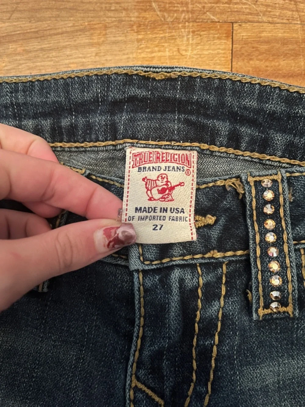 True Religion Dark Blue Boot Cut Jeans with Stud Accents Gold Vintage Y2kLowrise - Picture 3 of 7